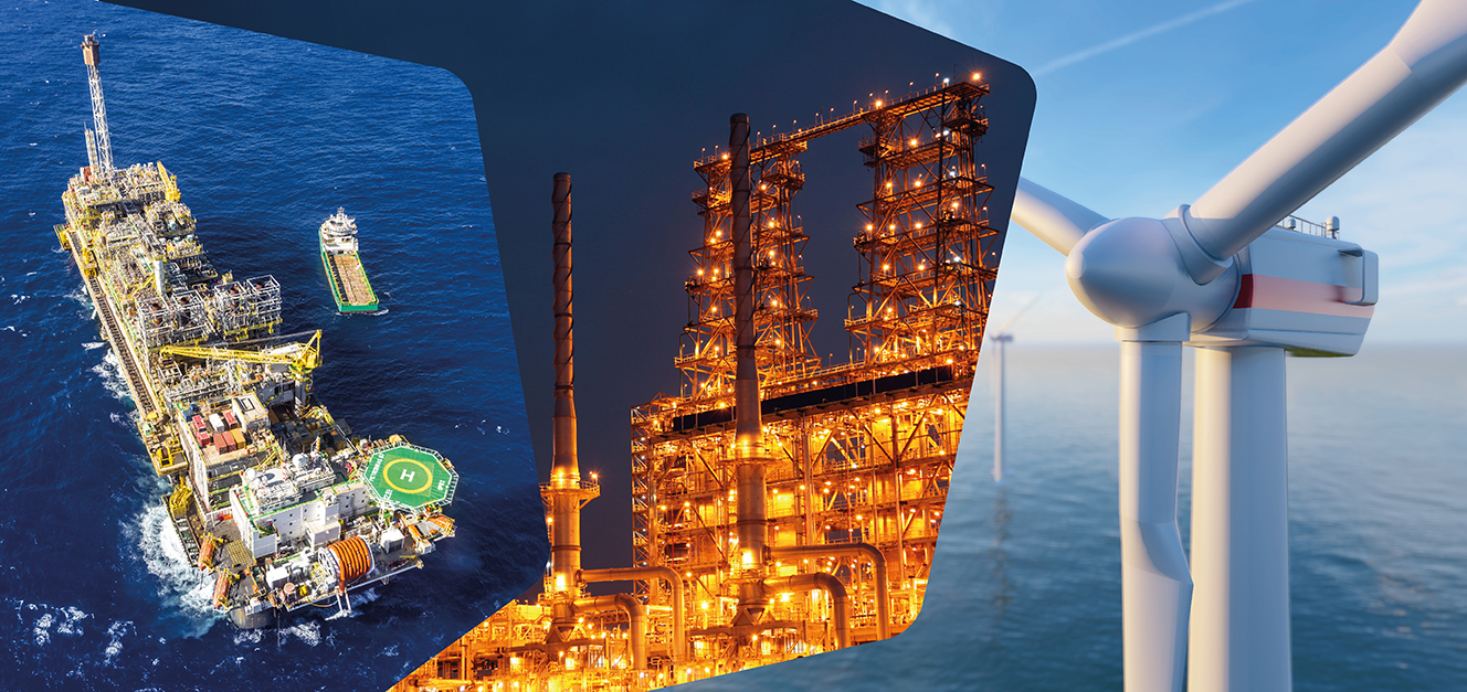 Duas imagens lado a lado: plataforma de produção de petróleo e uma refinaria, representando o plano estratégico da Petrobras.
