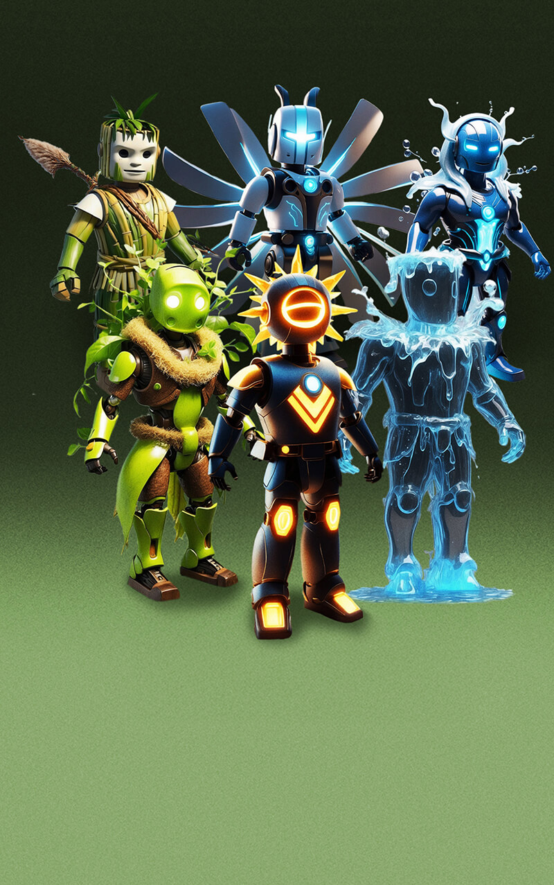 Ilustração com personagens que representam fontes de energia renováveis.