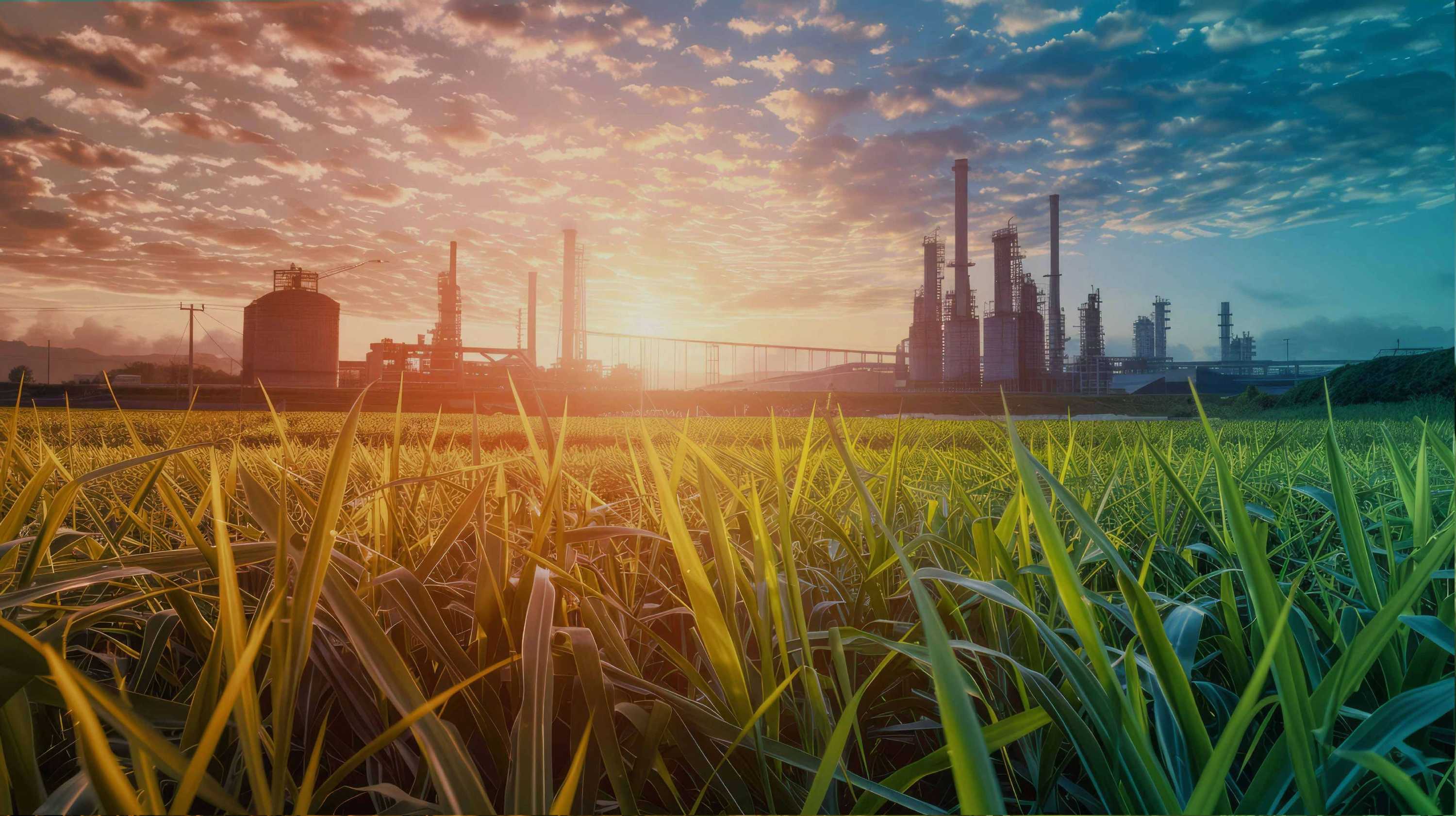 Campo de cana-de-açúcar ao entardecer com uma refinaria ao fundo, simbolizando energia renovável e produção de biocombustíveis.