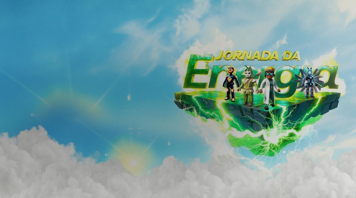 Personagens da Jornada da energia sob plataforma flutuante no céu