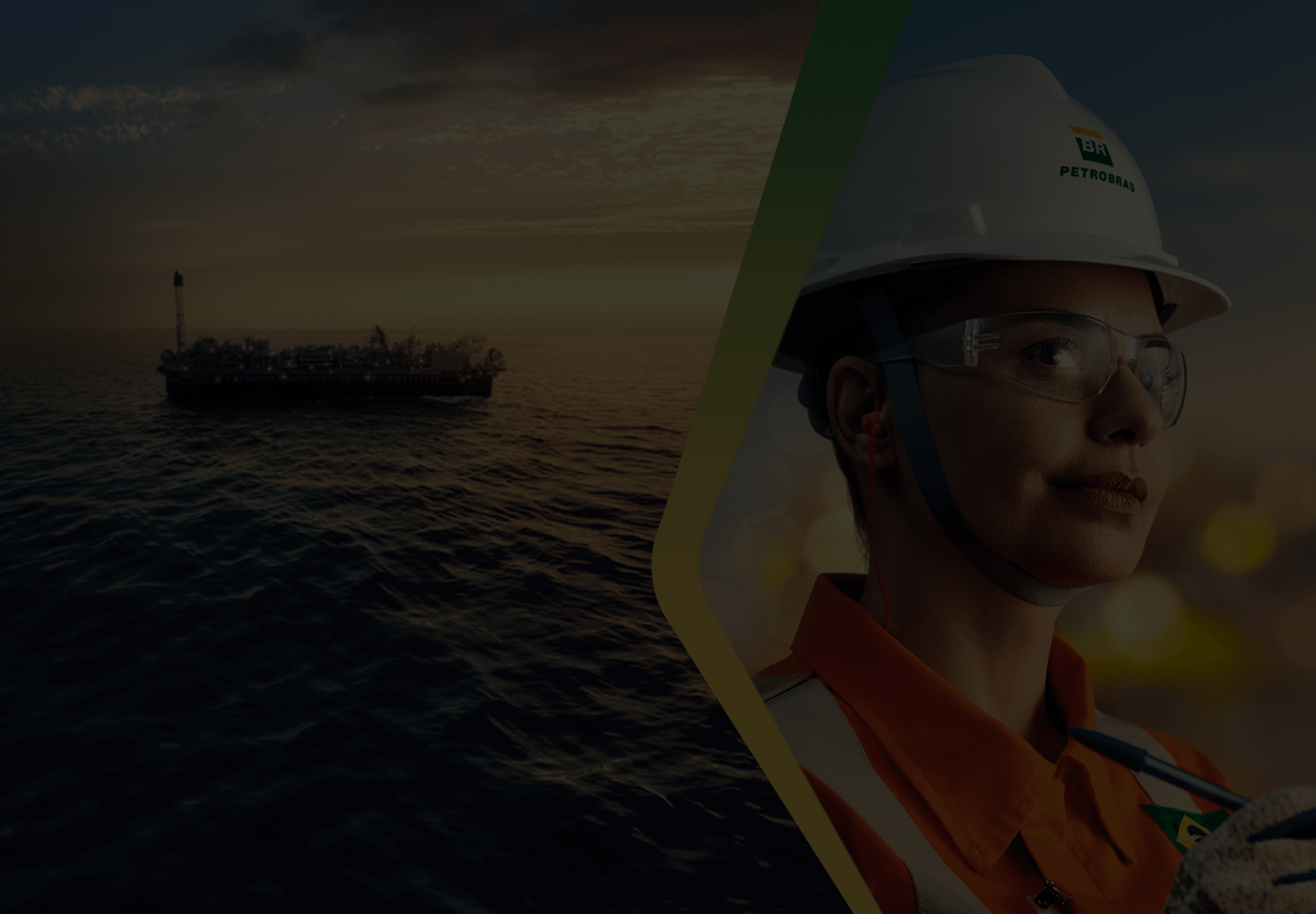 Two different images merged. On the left, an oil platform at sea. On the right, a woman wearing a Petrobras uniform.